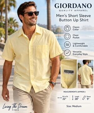 Giordano Men’s Medium Yellow Short Sleeve Button Up Shirt Pocket Casual